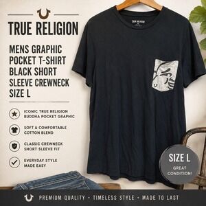True Religion Mens Graphic‎ Pocket T-Shirt Black Short Sleeve Crewneck Size L